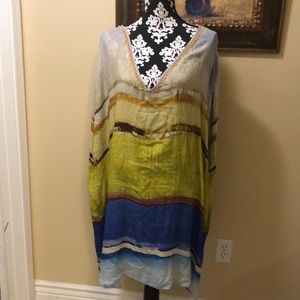 blank London beaded v-neck tie dye wide semi-sheer caftan coverup